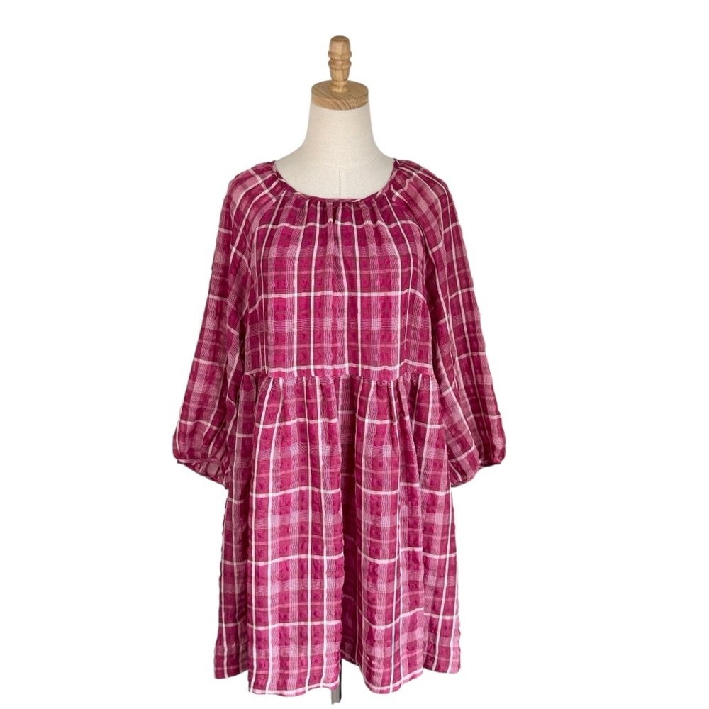 Madewell Plaid Shirred Babydoll Dress 3/4 Sleeve Azalea Plaid Sz M
